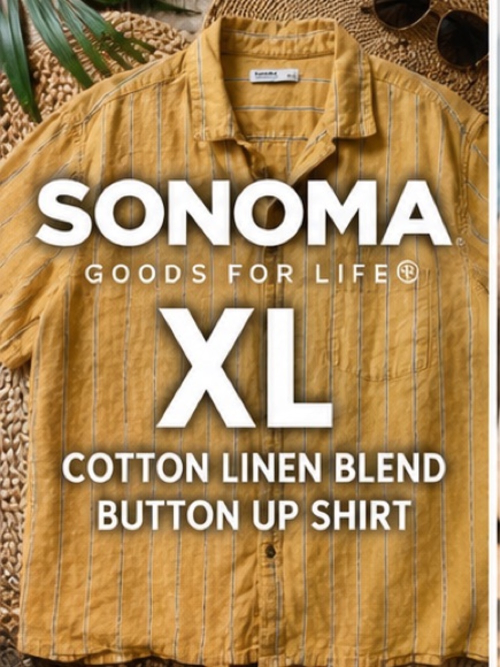 Sonoma Goods for Life XL Cotton Linen Button Up Shirt Mustard Yellow Striped